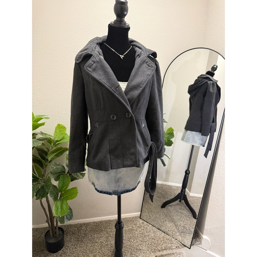 Women's Grey Double-Breasted Hooded Peacoat Jacket